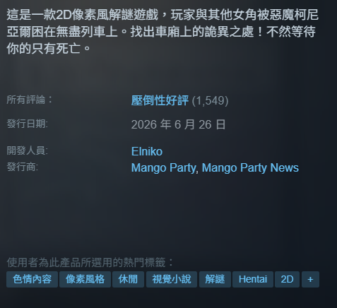 Steam 像素黃遊新作《45號電車》上市 7 天銷量突破 10 萬套 成人版《8號出口》引發熱潮